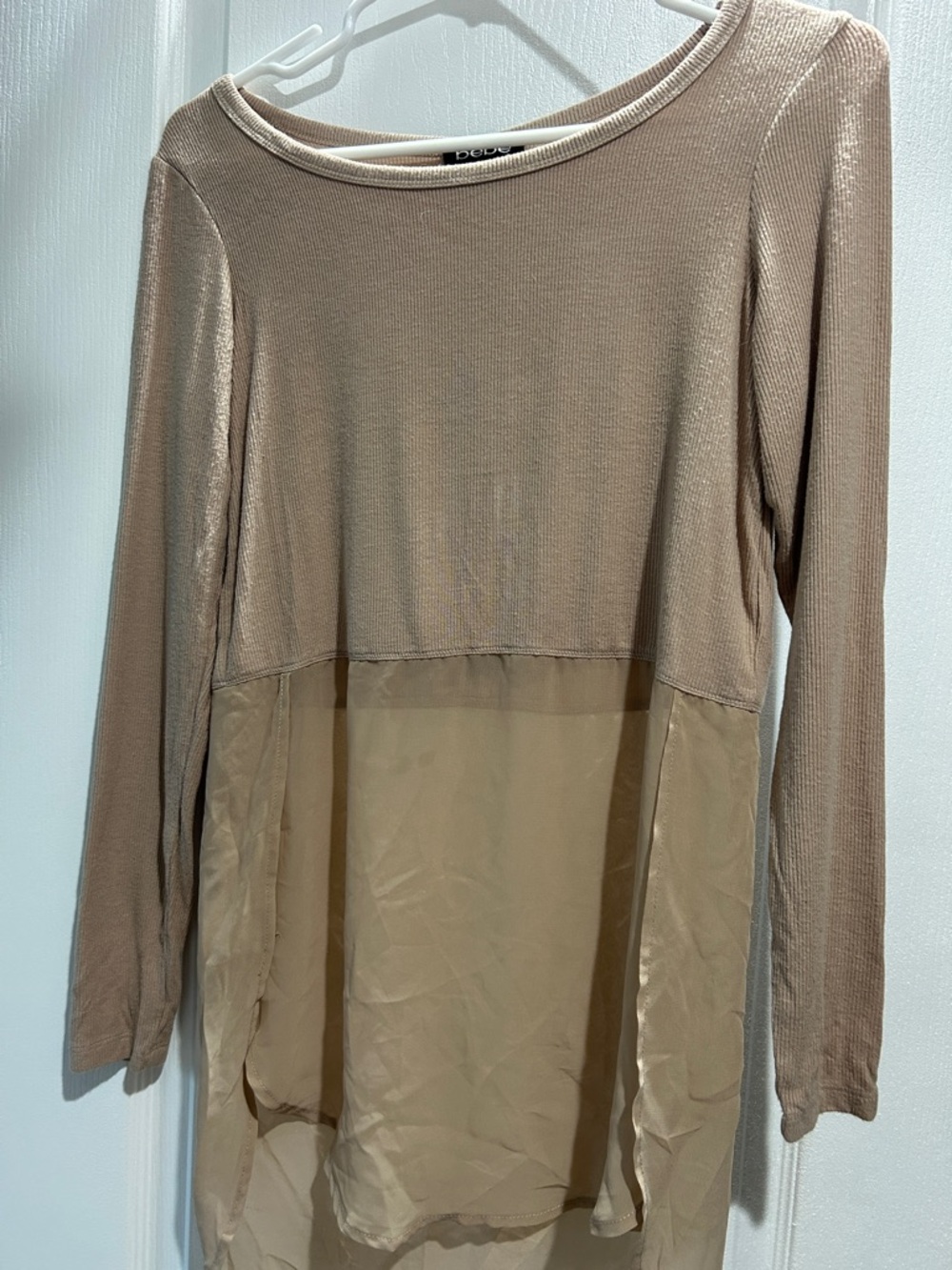 bebe Beige Taupe Long Sleeve Mixed-Media Tunic